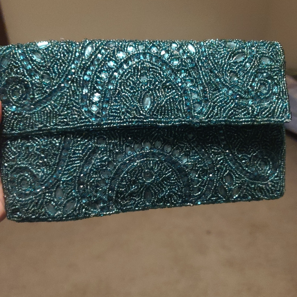 Turquoise, intricately beaded clutch